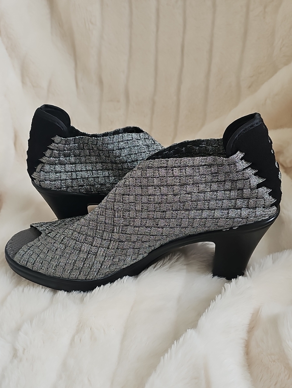 bernie mev. Silver Woven Peep-Toe Mid Heel Sandals